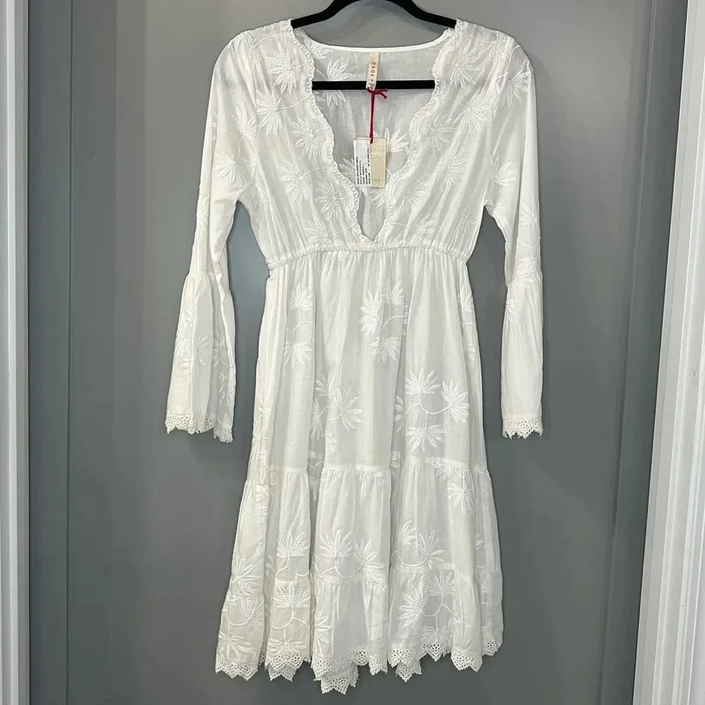 NWT RAGA Jaya Dress White Embroidered Floral Mini Dress Bell Sleeves Size S
